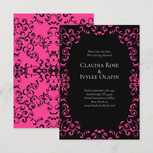 Invitación Boda gótico de Swirl Hot Pink and Black Swirl (Anverso / Reverso)