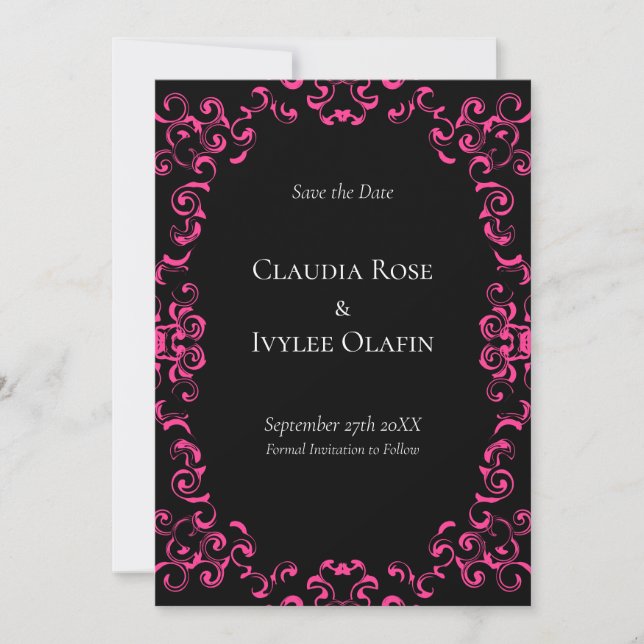 Invitación Boda gótico de Swirl Hot Pink and Black Swirl (Anverso)