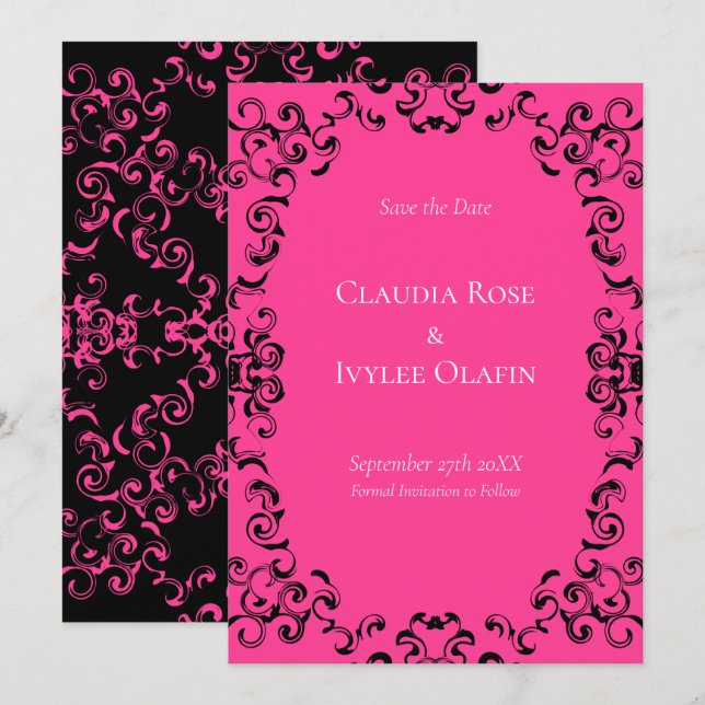 Invitación Boda gótico de Swirl Hot Pink and Black Swirl (Anverso / Reverso)