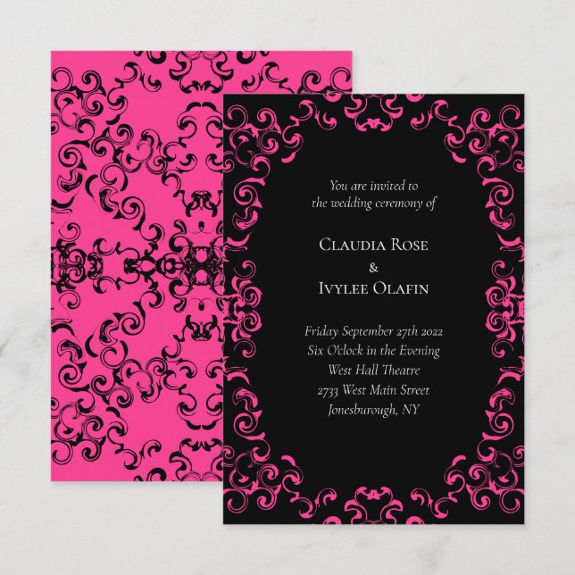Invitación Boda gótico de Swirl Hot Pink and Black Swirl (Anverso / Reverso)