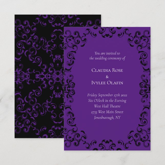 Invitación Boda gótico de Swirl Morado y Negro (Anverso / Reverso)