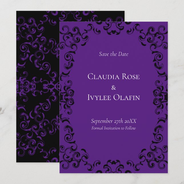 Invitación Boda gótico de Swirl Morado y Negro (Anverso / Reverso)