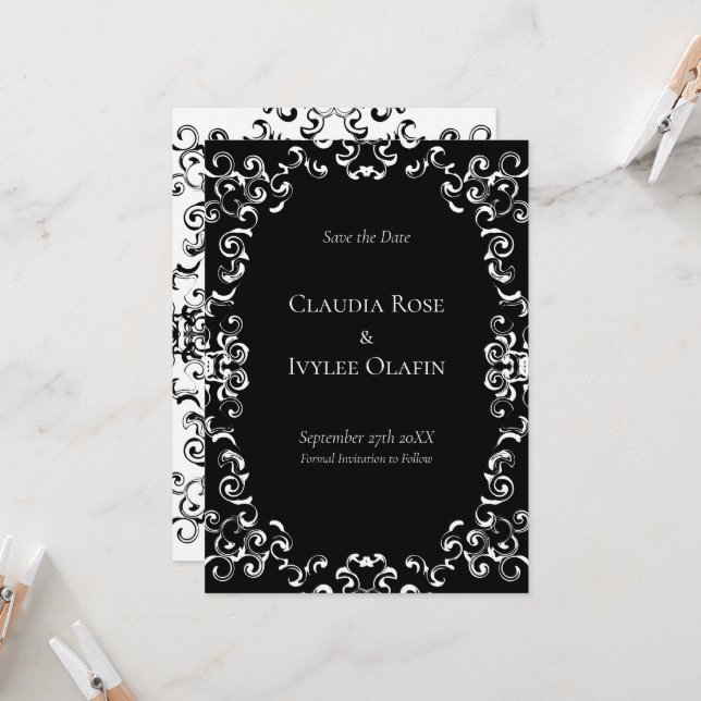 Invitación Boda gótico de Swirl negro y blanco (Anverso/Reverso In Situ)