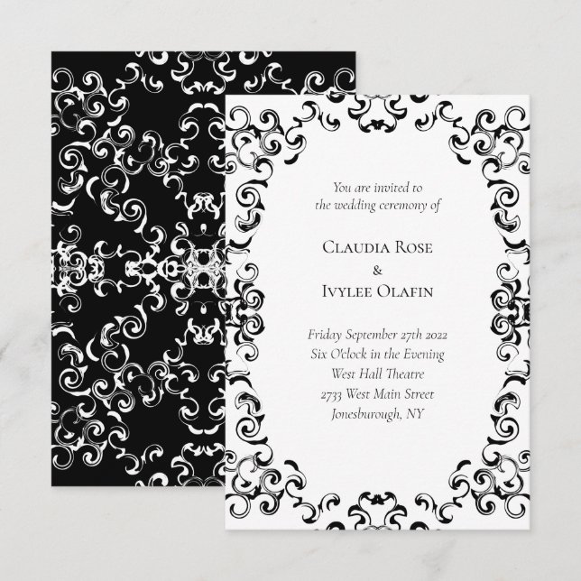 Invitación Boda gótico de Swirl negro y blanco (Anverso / Reverso)