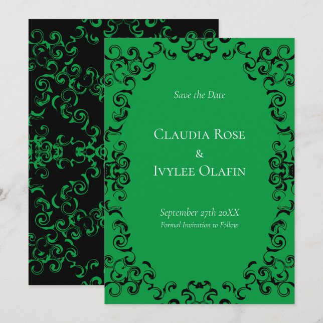 Invitación Boda gótico de Swirl verde y negro (Anverso / Reverso)