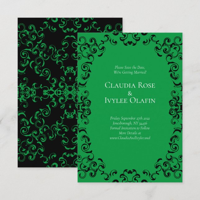 Invitación Boda gótico de Swirl verde y negro (Anverso / Reverso)
