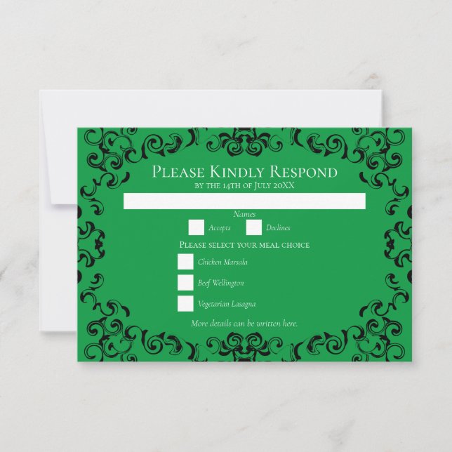 Invitación Boda gótico de Swirl verde y negro (Anverso)