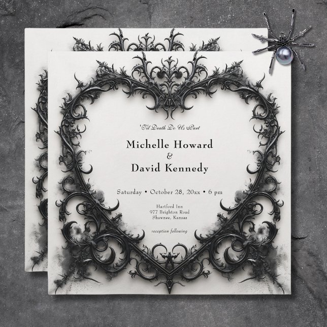 Invitación Boda gótico del corazón negro y blanco filigrí (Gothic Black & White Filigree Heart Wedding Invitation)