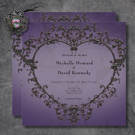 Invitación Boda gótico del corazón negro y morado filigrí