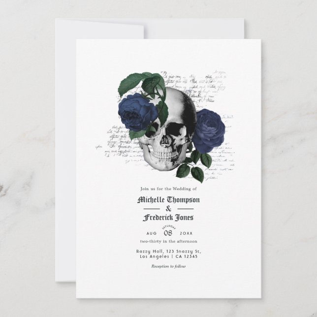 Invitación Boda gótico del cráneo floral azul de la marina (Anverso)