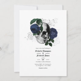 Invitación Boda gótico del cráneo floral azul de la marina