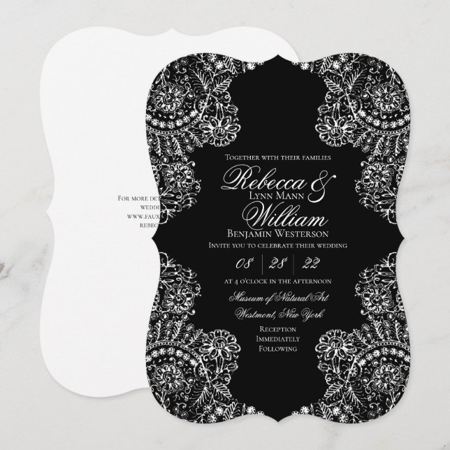 Invitación Boda gótico elegante de encaje blanco y negro (Anverso / Reverso)