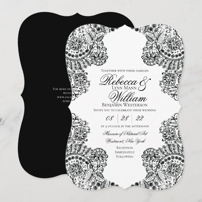 Invitación Boda gótico elegante de encaje blanco y negro (Anverso / Reverso)