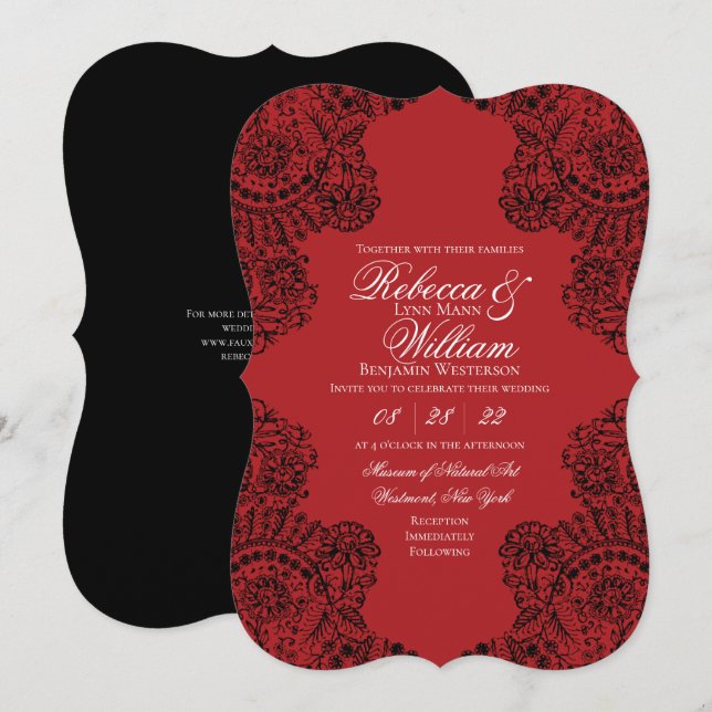 Invitación Boda gótico elegante de encaje negro y rojo (Anverso / Reverso)