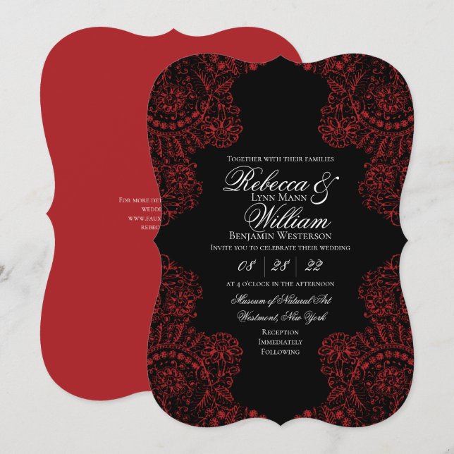 Invitación Boda gótico elegante de encaje negro y rojo (Anverso / Reverso)