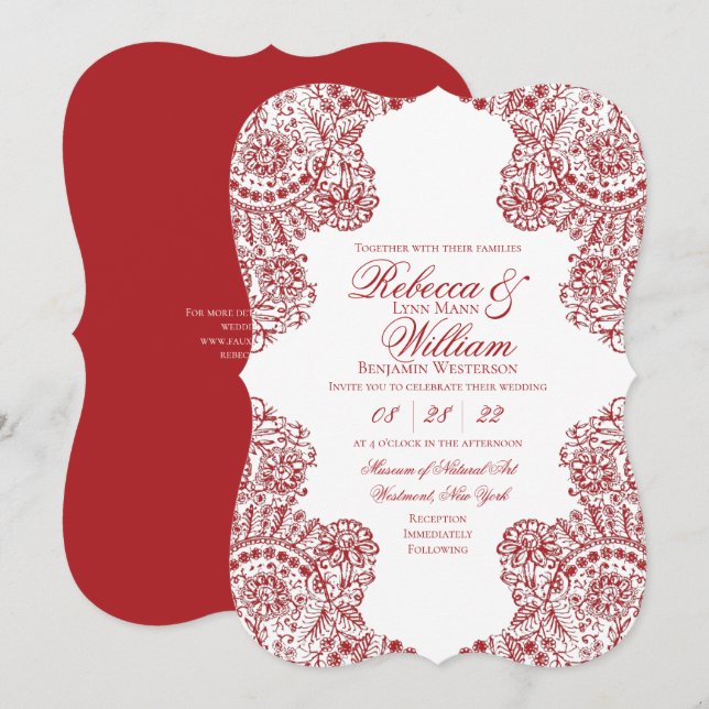 Invitación Boda gótico elegante de encaje rojo y blanco (Anverso / Reverso)