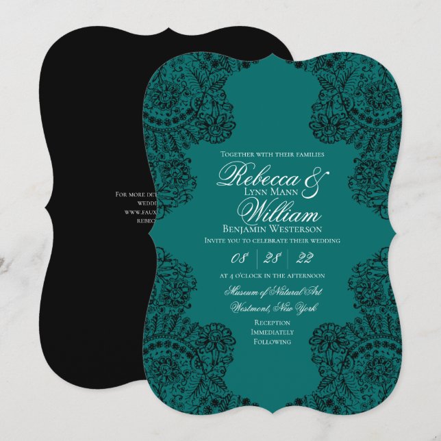 Invitación Boda gótico elegante de encaje verde azulado y neg (Anverso / Reverso)