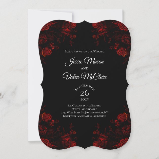 Invitación Boda gótico elegante floral negro y rojo (Anverso)