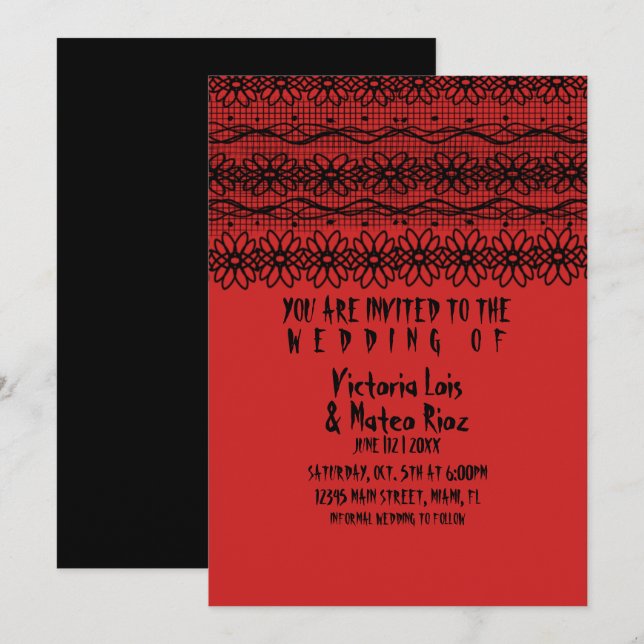 Invitación Boda gótico encaje rojo negro (Anverso / Reverso)