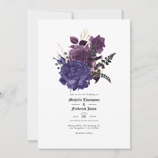Invitación Boda gótico floral Black Purple Gold (Anverso)