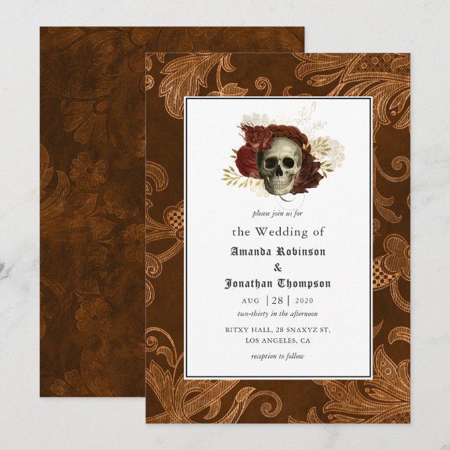 Invitación Boda gótico floral de Damask rústico (Anverso / Reverso)