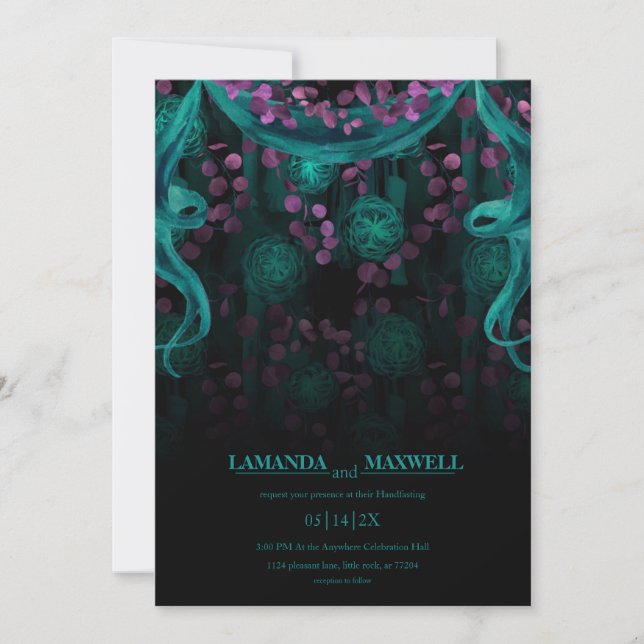 Invitación Boda gótico floral Manejo turquesa oscuro (Anverso)
