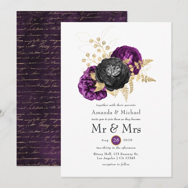 Invitación Boda gótico floral morado negro y dorado (Anverso / Reverso)