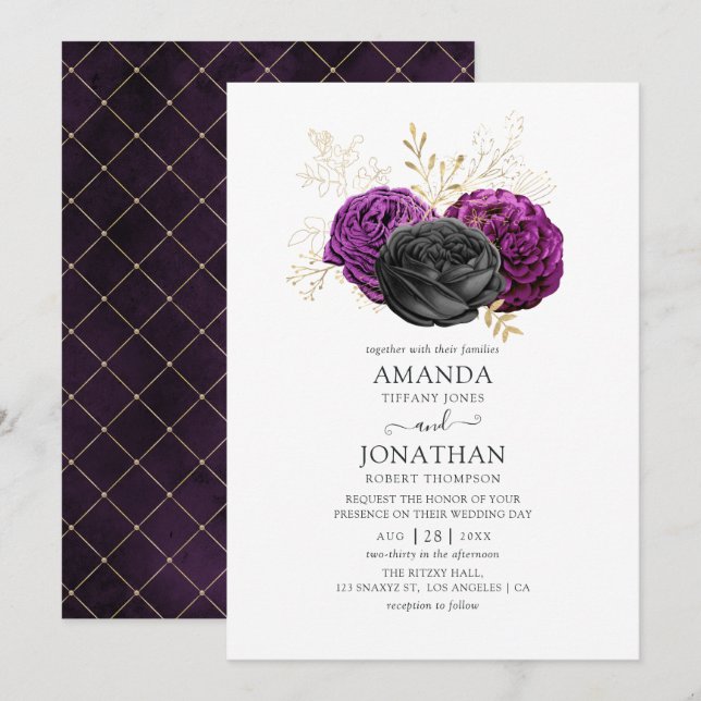 Invitación Boda gótico floral morado negro y dorado (Anverso / Reverso)