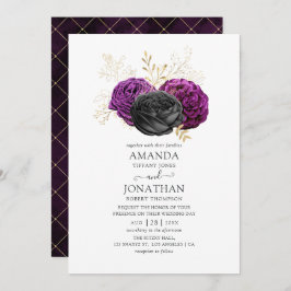 Invitación Boda gótico floral morado negro y dorado