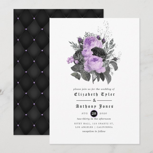 Invitación Boda gótico floral morado negro y plateado (Anverso / Reverso)