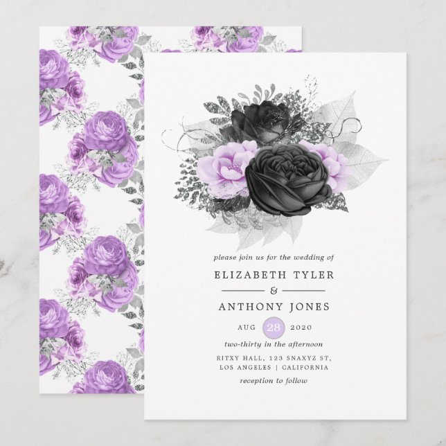 Invitación Boda gótico floral morado negro y plateado (Anverso / Reverso)