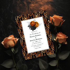 Invitación Boda gótico floral negro y Naranja