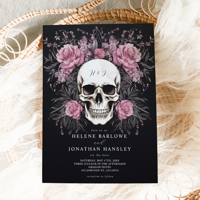 Invitación Boda gótico floral Skull oscuro Moody (Skull Dark Moody Floral Gothic Wedding Invitation)