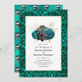 Invitación Boda gótico floral verde azulado, negro y dorado