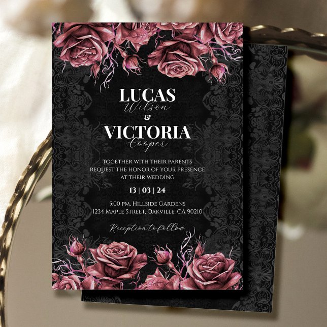 Invitación Boda gótico floral victoriano negro y rojo (Subido por el creador)