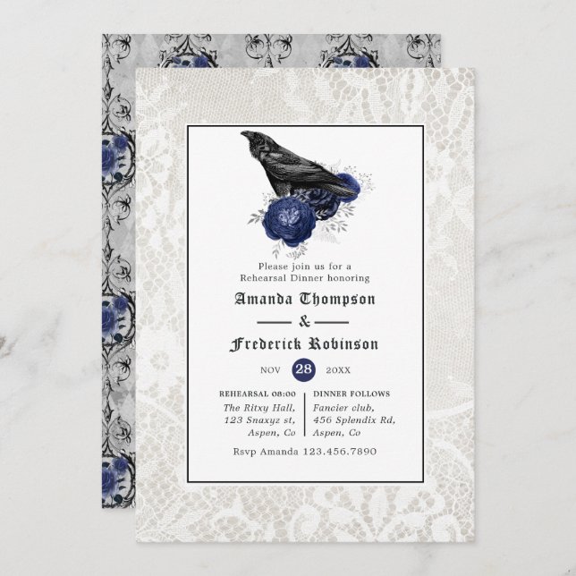 Invitación Boda gótico floral y de encaje Ensayo Cena (Anverso / Reverso)