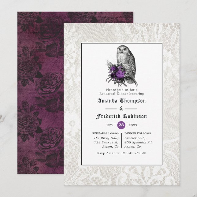 Invitación Boda gótico floral y de encaje Ensayo Cena (Anverso / Reverso)