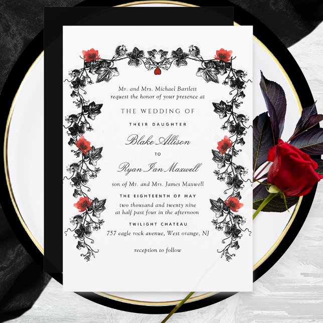 Invitación Boda gótico formal negro y rojo victoriano (Subido por el creador)