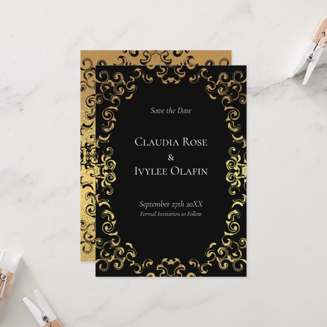 Invitación Boda gótico Gold & Black Swirl (Anverso/Reverso In Situ)
