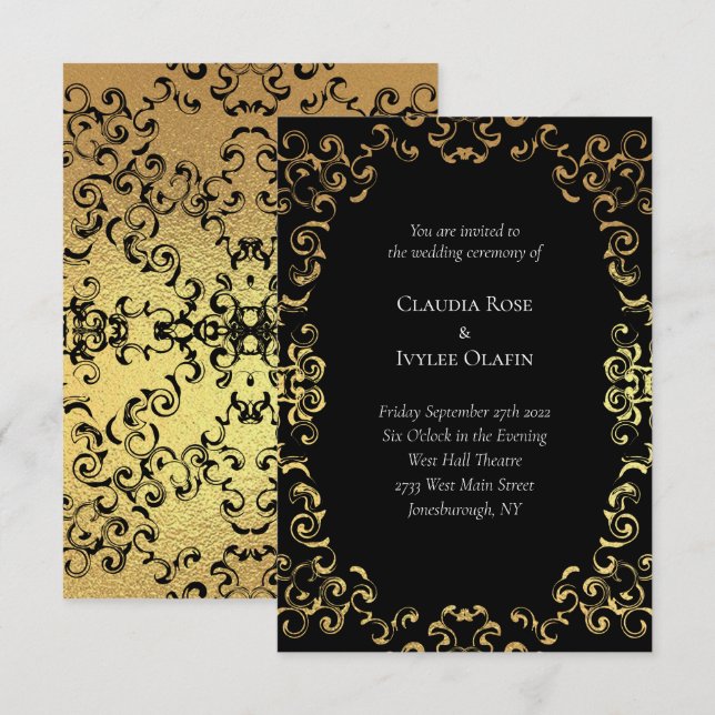 Invitación Boda gótico Gold & Black Swirl (Anverso / Reverso)