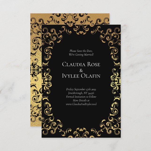 Invitación Boda gótico Gold & Black Swirl (Anverso / Reverso)