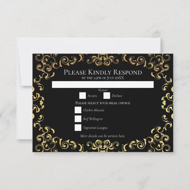 Invitación Boda gótico Gold & Black Swirl (Anverso)