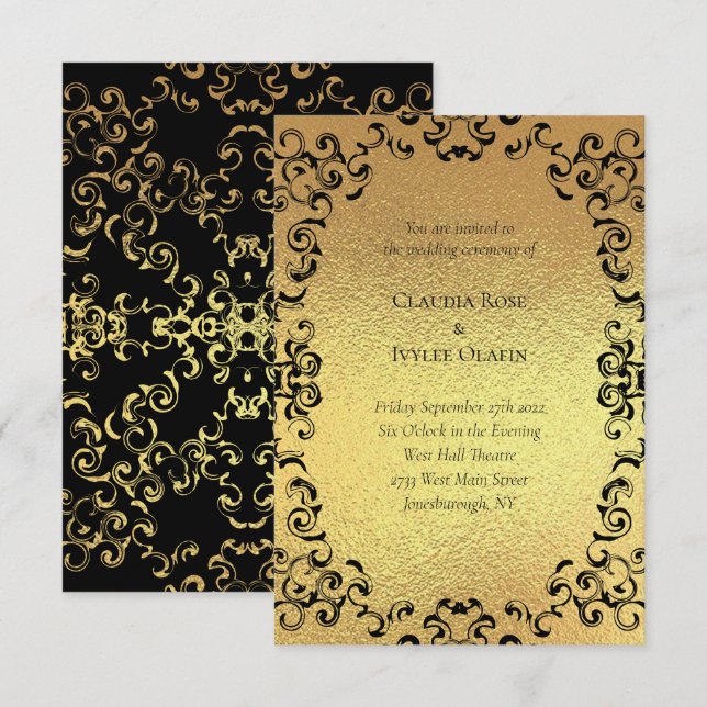 Invitación Boda gótico Gold & Black Swirl (Anverso / Reverso)