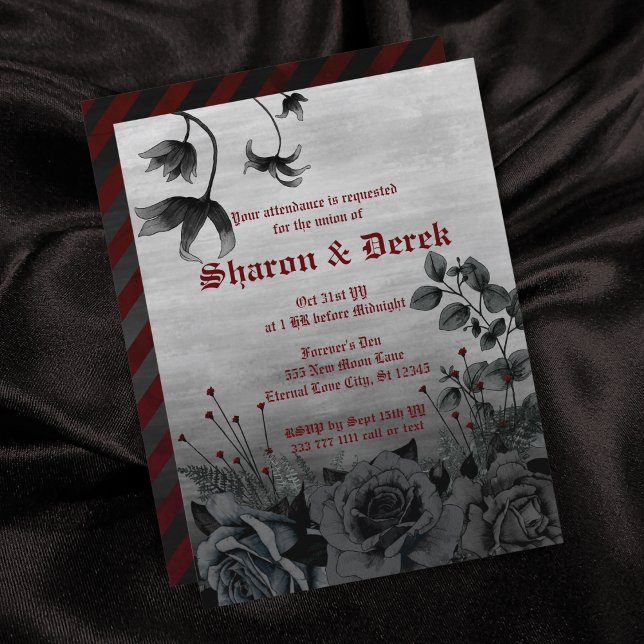 Invitación Boda Gótico Gris Negro Floral Leer rojo (Subido por el creador)