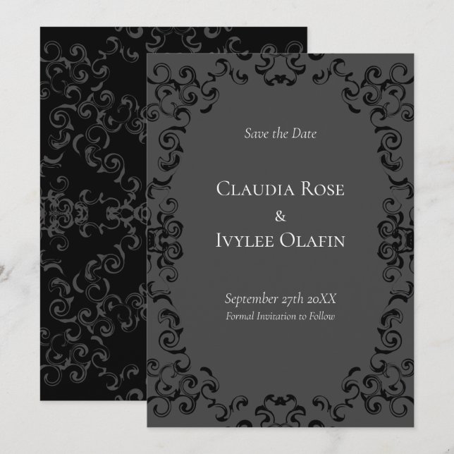 Invitación Boda gótico Gris y negro Swirl (Anverso / Reverso)