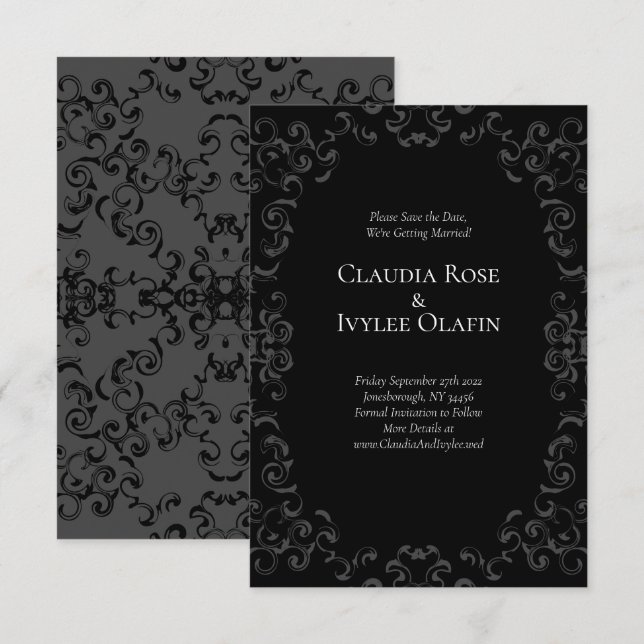 Invitación Boda gótico Gris y negro Swirl (Anverso / Reverso)