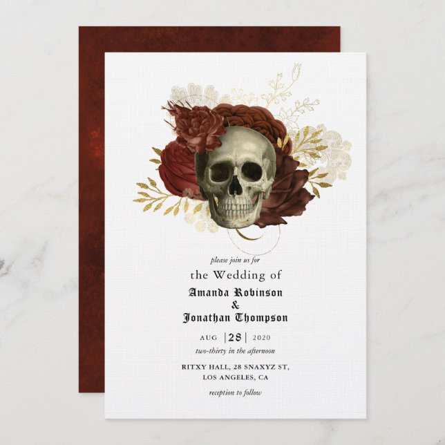 Invitación Boda Gótico Grunge Floral Skull (Anverso / Reverso)