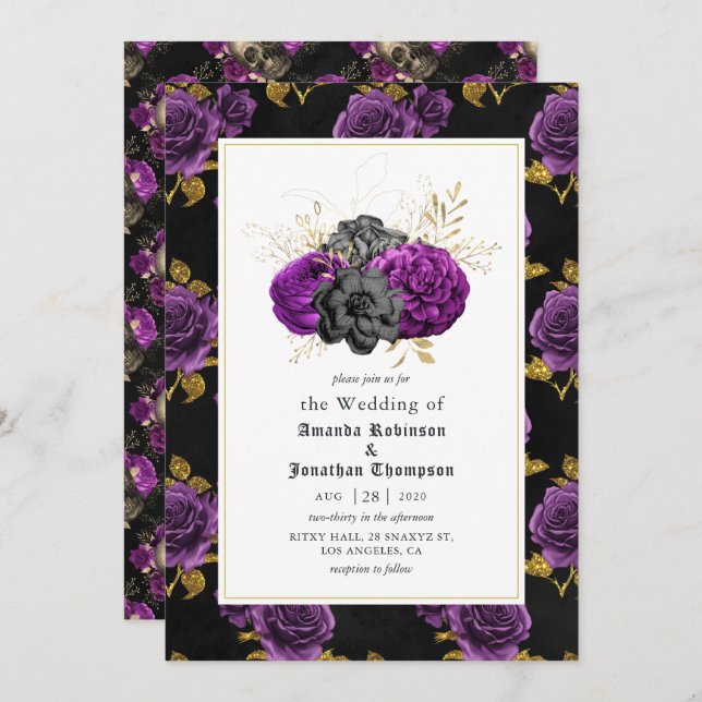 Invitación Boda gótico morado, negro y dorado floral (Anverso / Reverso)