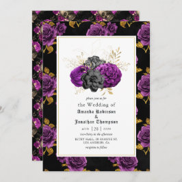 Invitación Boda gótico morado, negro y dorado floral