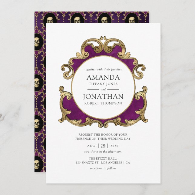 Invitación Boda gótico morado, negro y oro (Anverso / Reverso)